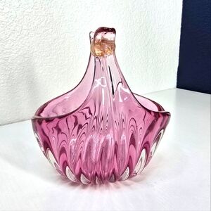 Vintage Alfredo Barbini Handmade Murano Art Glass Basket Pink & Gold Vase MCM‎